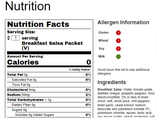 Taco Bell Breakfast Salsa nutrients